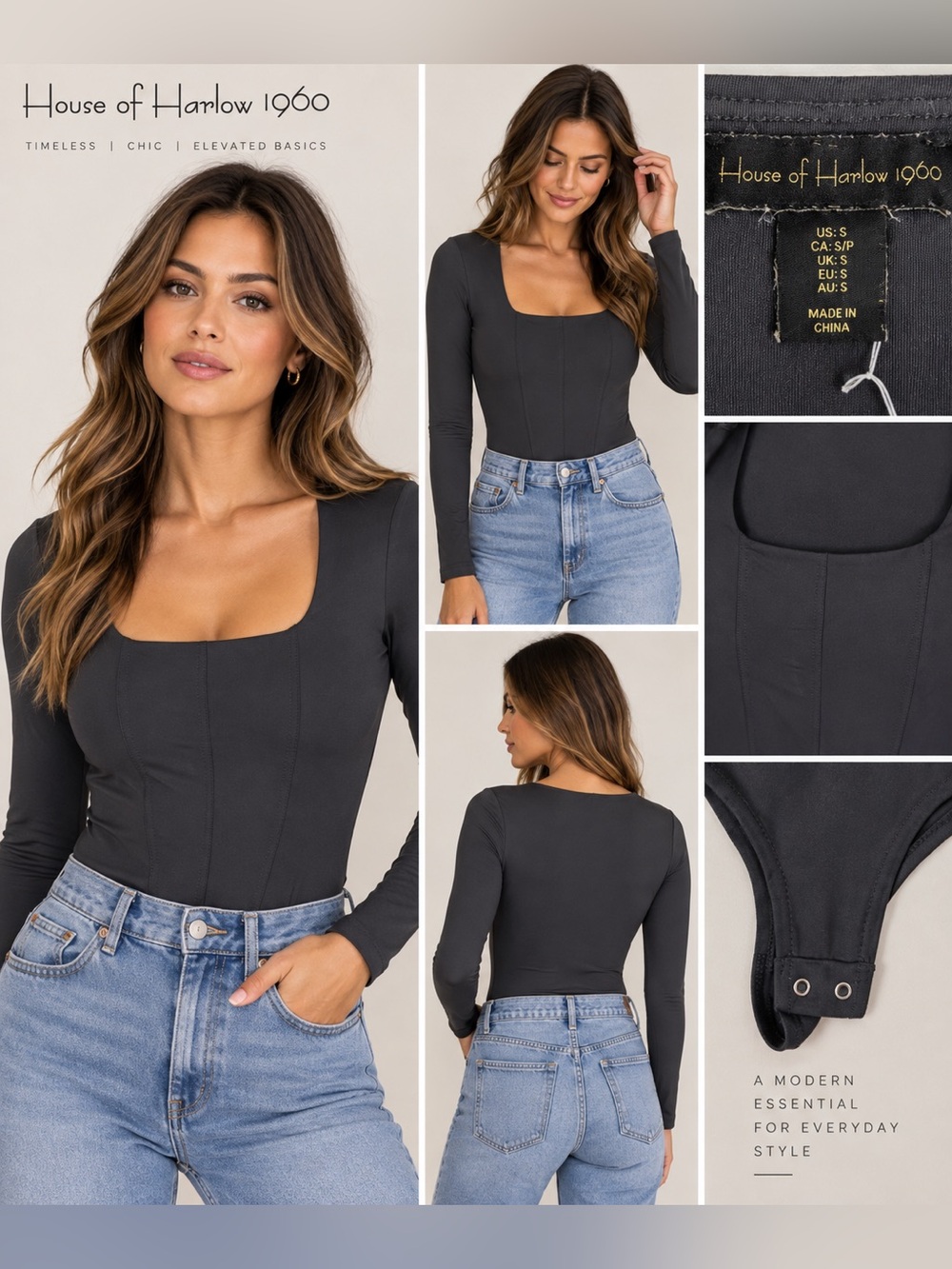 House of Harlow 1960 Black Square-Neck Long-Sleeve Bodysuit